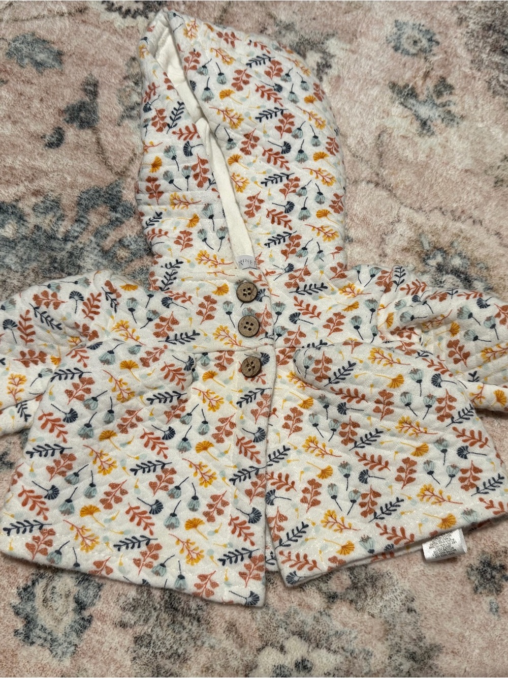 Baby Hooded Quilted Jacket with Leaf Print - White, Rust & Mustard